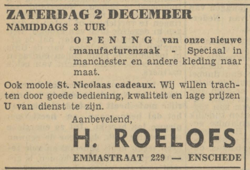 Emmastraat 229 manufacturenzaal H. Roelofs advertentie Tubantia 30-11-1950.jpg