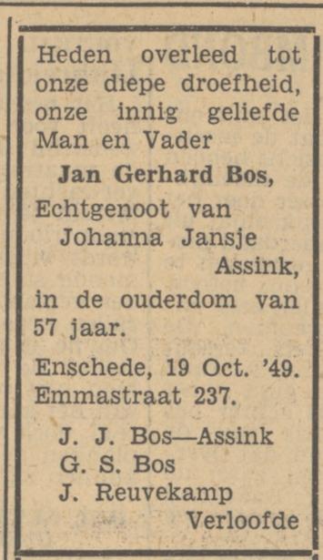 Emmastraat 237 J.G. Bos overlijdensadvertentie Tubantia 20-10-1949.jpg