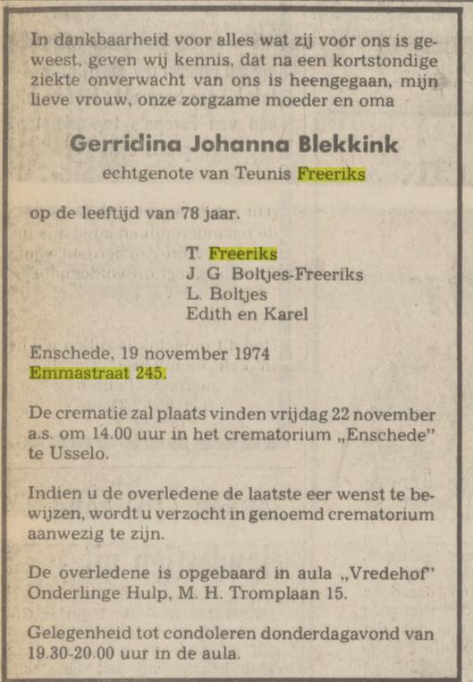 Emmastraat 245 G.J. Freeriks-Blekkink overlijdensadvertentie Tuantia 20-11-1974.jpg