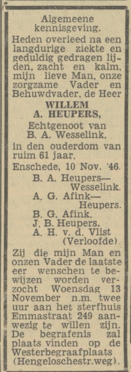 Emmastraat 249 W.A. Heupers overlijdensadvertentie Tubantia 11-11-1946.jpg