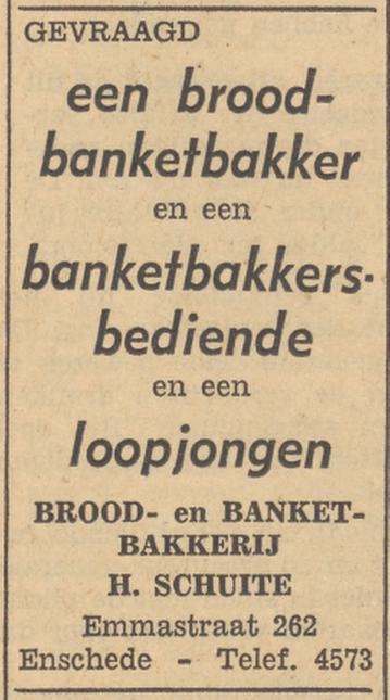 Emmastraat 262 Brood- en Banketbakkerij H. Schuite advertentie Tubantia 24-11-1954.jpg