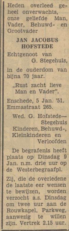 Emmastraat 265 J.J. Hofstede overlijdensadvertentie Tubantia 6-1-1951.jpg