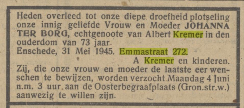 Emmastraat 272 J. Kremer-ter Borh overlijdensadvertentie Het Parool 1-6-1945.jpg