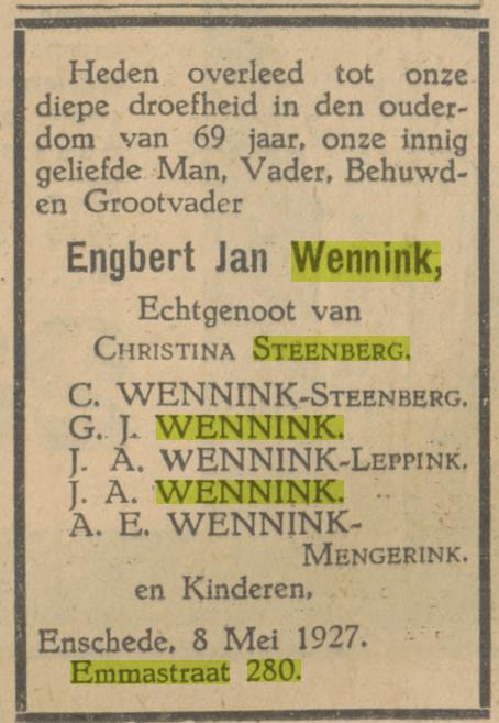 Emmastraat 280 E.J. Wennink overlijdensadvertentie Tubantia 9-5-1927.jpg