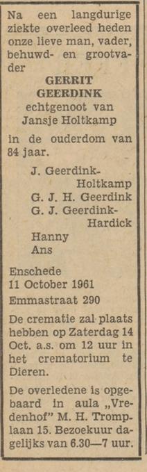 Emmastraat 290 Gerrit Geerdink overlijdensadvertentie Tubantia 12-10-1961.jpg