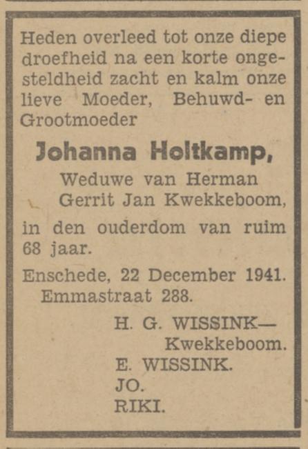 Emmastraat 288 Wed. Johanna Kwekkeboom-Holtkamp overlijdensadvertentie Tubantia 23-12-1941.jpg