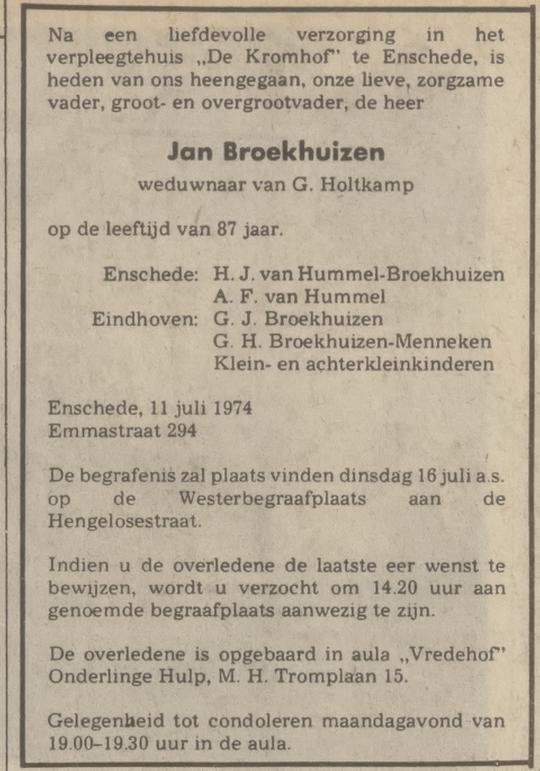 Emmastraat 294 Jan Broekhuizen overlijdensadvertentie Tubantia 13-7-1974.jpg