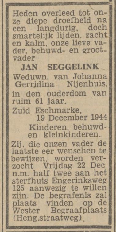 Engerinksweg 125 Jan Seggelink overlijdensadvertentie Twentsch nieuwsblad 20-12-1944.jpg