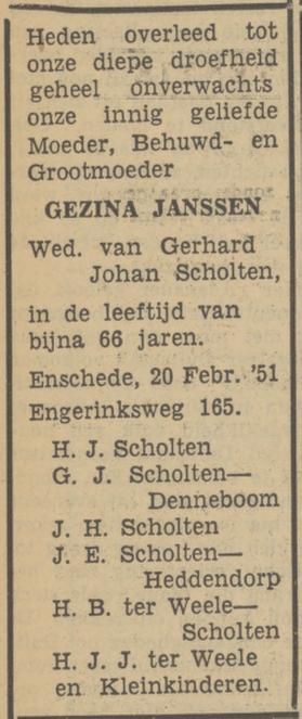 Engerinksweg 165 Wed. G. Scholten-Janssen overlijdensadvertentie Tubantia 21-2-1951.jpg