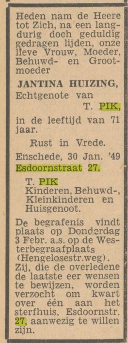 Esdoornstraat 27 Jantina Pik-Huizing advertentie Tubantia 1-2-1949.jpg