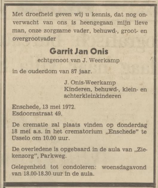 Esdoornstraat 49 G.J. Onis overlijdensadvertentie Tubantia 15-5-1972.jpg