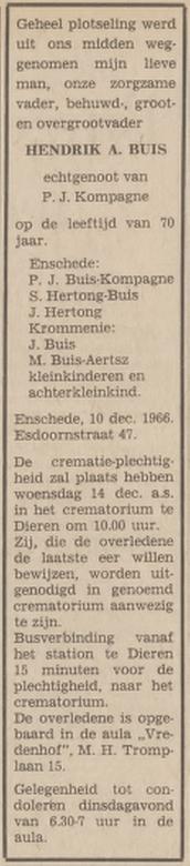Esdoornstraat 47 H.A. Buis overlijdensadvertentie Tubantia 12-12-1966.jpg