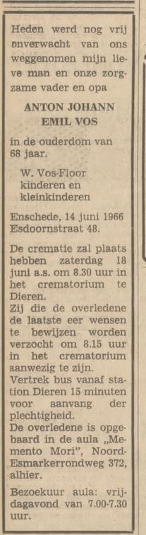 Esdoornstraat 48 A.J.E. Vos overlijdensadvertentie Tubantia 15-6-1966.jpg
