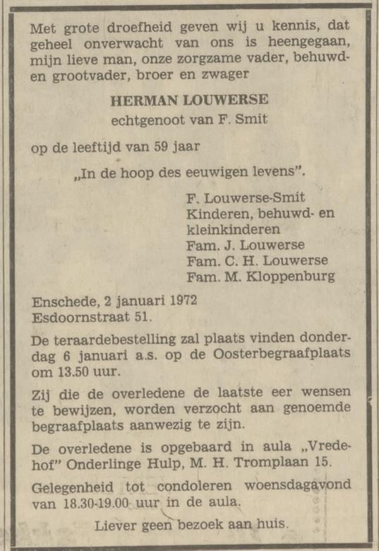 Esdoornstraat 51 H. Louwerse overlijdensadvertentie Tubantia 4-1-1972.jpg