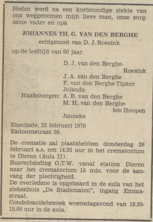 Esdoornstraat 59 J.Th.G. van den Berghe overlijdensadvertentie Tubantia 24-2-1970.jpg