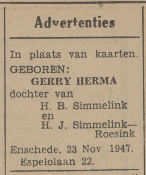 Espelolaan 22 H.B. simmelink advertentie 25-11-1947.jpg