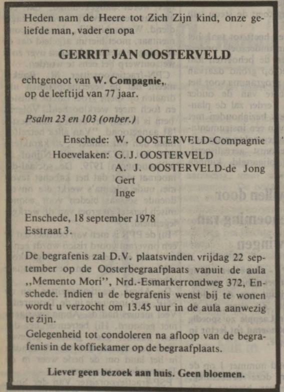 Esstraat 3 Gerrit Jan Oosterveld overlijdensadvertentie Nederlands dagblad 20-9-1978.jpg