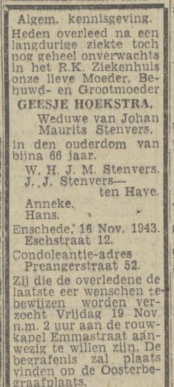 Esstraat 12 Wed. G. Stenvers-Hoekstra overlijdensadvertentie Twentsch nieuwsblad 17-11-1943.jpg