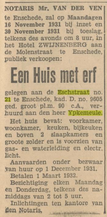 Esstraat 21 Ypkemeule advertentie Tubantua 7-11-1931.jpg