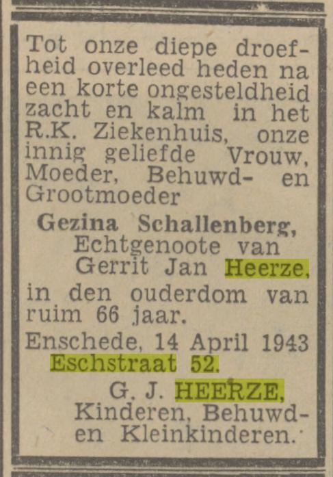 Esstraat 52 G. Heerze-Schallenberg overlijdensadvertentie Twentsch nieuwsblad 15-4-1943.jpg