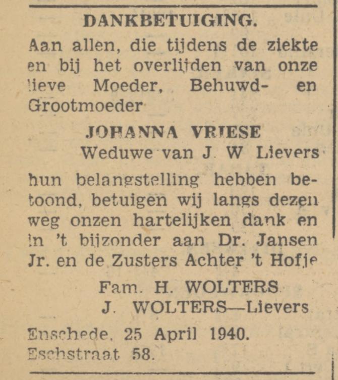 Esstraat 58 Wed. Johanna Lievers-Vrieze advertentie Tubantia 25-4-1940.jpg
