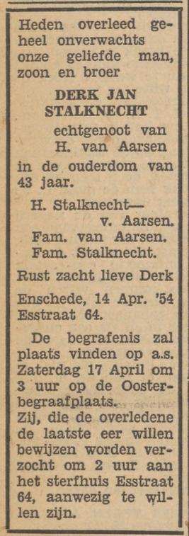 Esstraat 64 Derk Jan Stalknecht overlijdensadvertentie Tubantia 16-4-1954.jpg