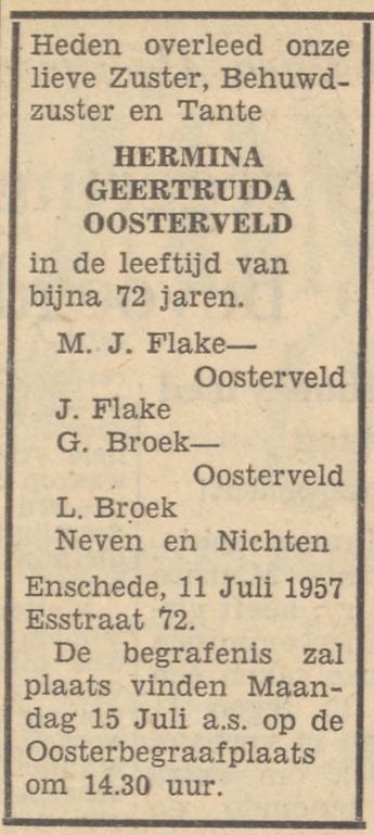 Esstraat 72 H.G. Oosterveld overlijdensadvertentie Tubantia 12-7-1957.jpg
