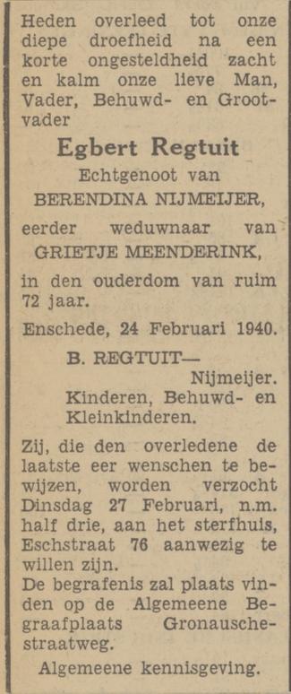 Esstraat 76 Egbert Regtuit overlijdensadvertentie Tubantia 24-2-1940.jpg