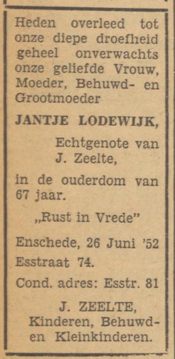 Esstraat 74 J. Zeelte-Lodewijk overlijdensadvertentie Tubantia 27-6-1952.jpg