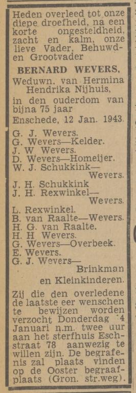 Esstraat 78 Bernard Wevers overlijdensadvertentie Twentsch nieuwsblad 13-1-1943.jpg