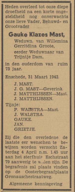 Esstraat 79 G.K. Mast overlijdensadvertentie Tubantia 1-41942.jpg