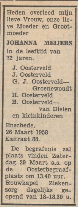 Esstraat 88 Johanna Oosterveld-Meijers overlijdensadvertentie Tubantia 27-3-1958.jpg