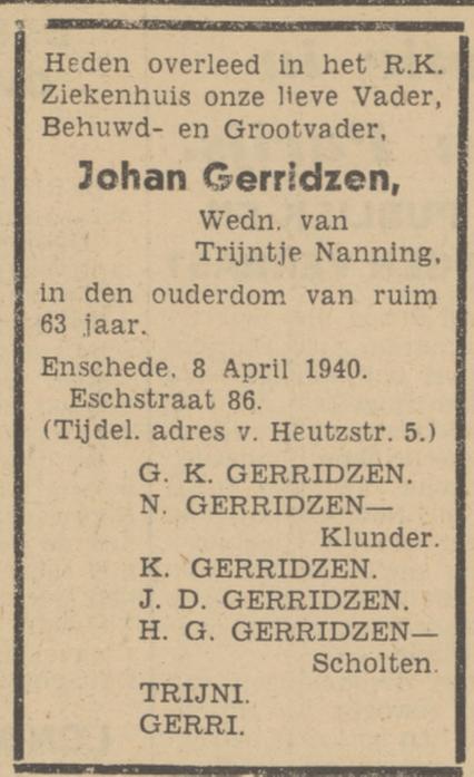 Esstraat 86 Johan Gerridzen overlijdensadvertentie Tubantia 9-4-1940.jpg