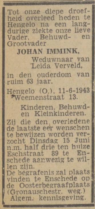 Esstraat 89 Johan Immink overlijdensadvertentie Twentsch nieuwsblad 12-6-1943.jpg