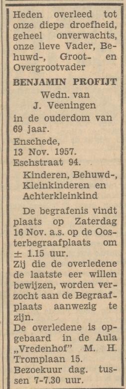 Esstraat 94 Benjamin Profijt overlijdensadvertentie Tubantia 14-11-1957.jpg