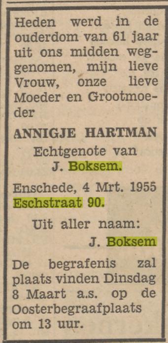 Esstraat 90 Annigje Boksen-Hartman overlijdensadvertentie Tubantia 5-3-1955.jpg