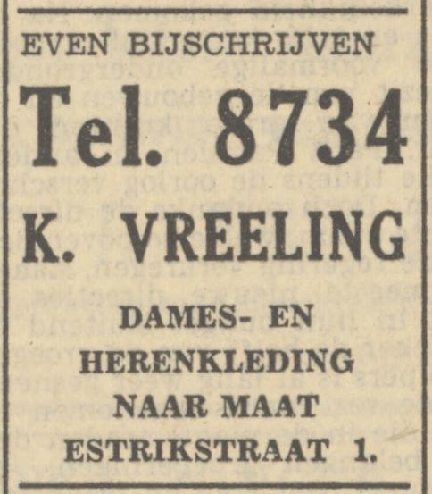 Estrikstraat 1 K. Vreeling dames- en herenkleding advertentie Tubantia 4-9-1951.jpg