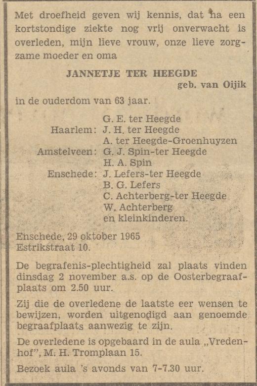 Estrikstraat 10 J. ter Heegde-Oijik overlijdensadvertentie Tubantia 30-10-1965.jpg