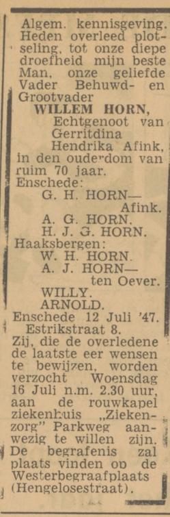 Estrikstraat 8 Willem Horn overlijdensadvertentie Tubantia 14-7-1947.jpg