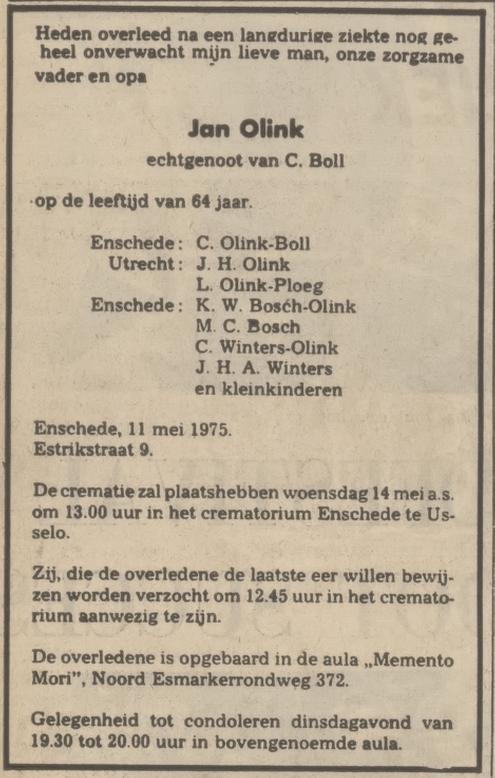 Estrikstraat 9 Jan Olink overlijdensadvertentie Tubantia 12-5-1975.jpg