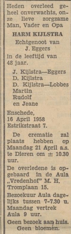 Estrikstraat 7 Harm Kijlstra overlijdensadvertentie Tubantia 17-4-1958.jpg