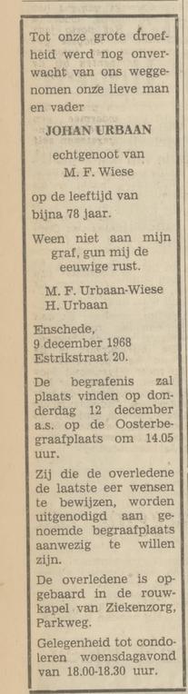 Estrikstraat 20 Johan Urbaan overlijdensadvertentie Tubantia 10-12-1968.jpg