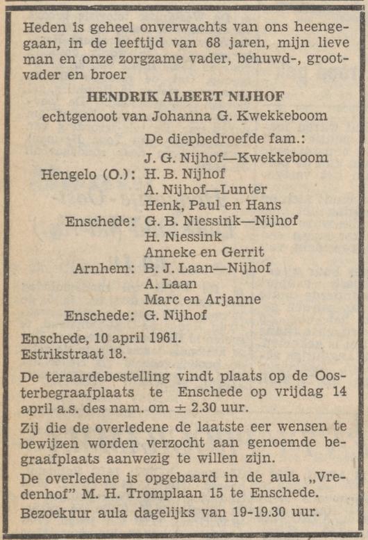 Estrikstraat 18 H.A. Nijhof overlijdensadvertentie Tubantia 12-4-1961.jpg
