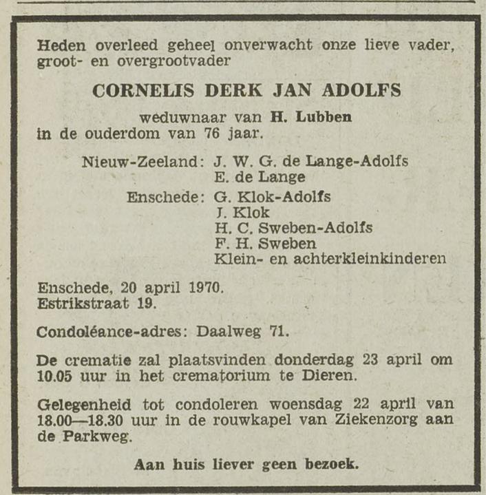 Estrikstraat 19 C.D.J. Adolfs overlijdensadvertentie Het Vrije Volk 21-4-1970.jpg