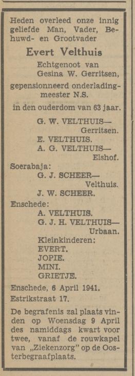 Estrikstraat 17 Evert Velthuis overlijdensadvertentie Tubantia 7-4-1941.jpg