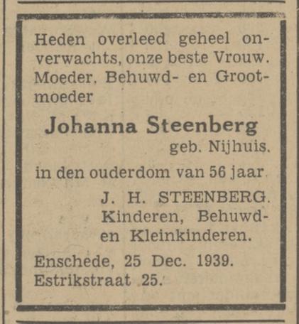 Estrikstraat 25 Johanna Steenberg-Nijhuis overlijdensadvertentie Tubantia 27-12-1939.jpg