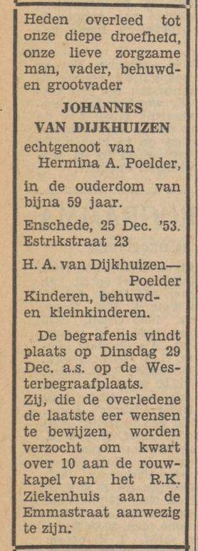 Estrikstraat 23 Johannes van Dijkhuizen overlijdensadvertentie Tubantia 28-12-1957.jpg