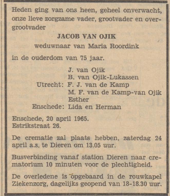 Estrikstraat 26 Jacob van Ojik overlijdensadvertentie Tubantia 22-4-1966.jpg
