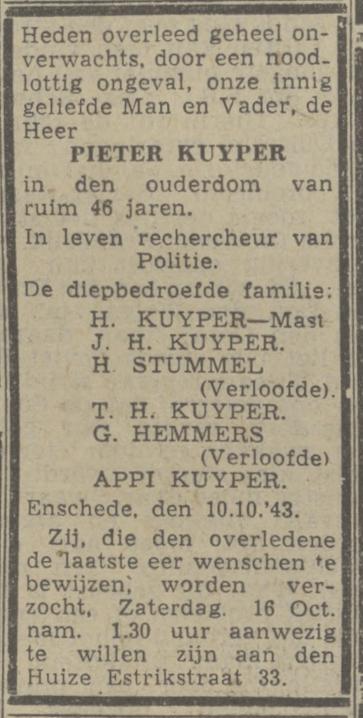 Estrikstraat 33 Pieter Kuyper overlijdensadvertentie Tubantia 15-10-1943.jpg