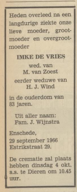Estrikstraat 29 Imke van Zoest-de Vries overlijdensadvertentie Tubantia 30-9-1966.jpg
